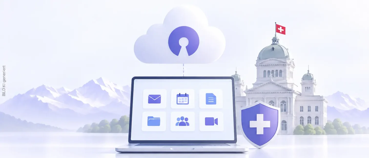 Heller digitaler Arbeitsplatz mit Open-Source-Cloud, Schweizer Bundeshaus, Schutzschild und Alpen im Hintergrund.