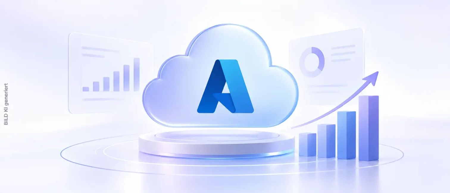 Abstrakte Azure-Cloud mit Diagrammen und Wachstumsanzeige als Symbol für Microsofts neue Finanzberichterstattung.