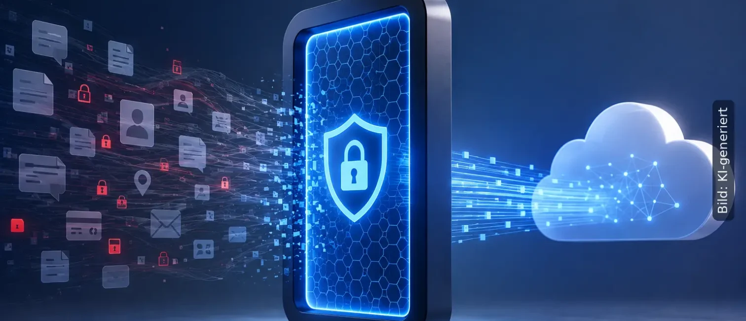 Illustration eines Privacy Gateways, das sensible Daten aus KI-Anfragen filtert, bevor sie an einen Cloud-KI-Dienst übertragen werden.