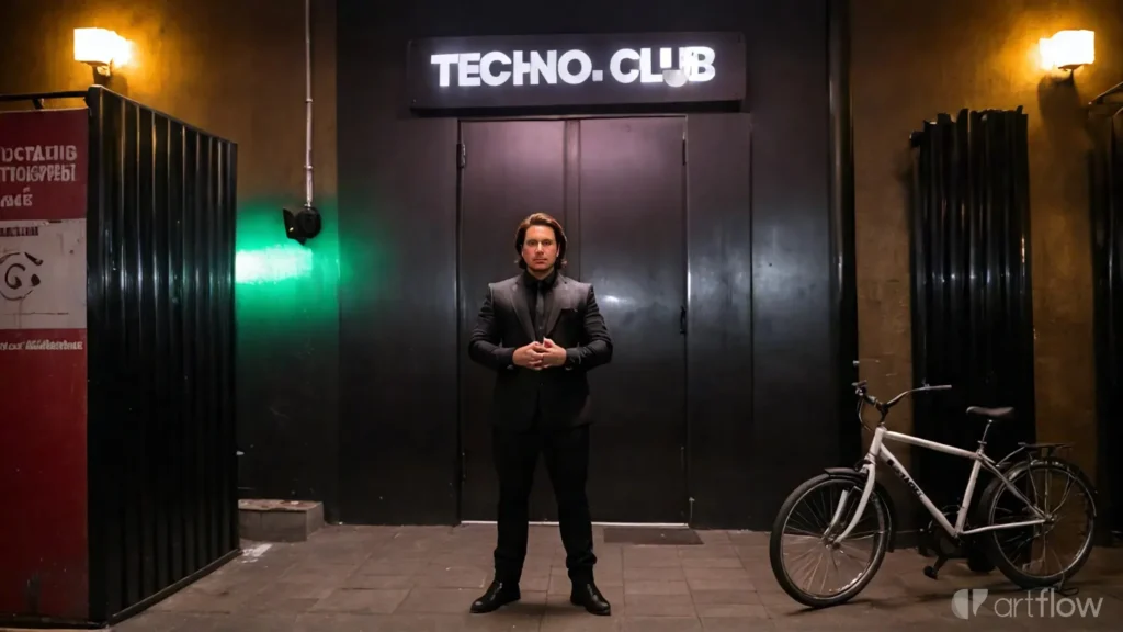 Hendrik im schwarzen Anzug als Türsteher vor dem Eingang eines Techno Club.