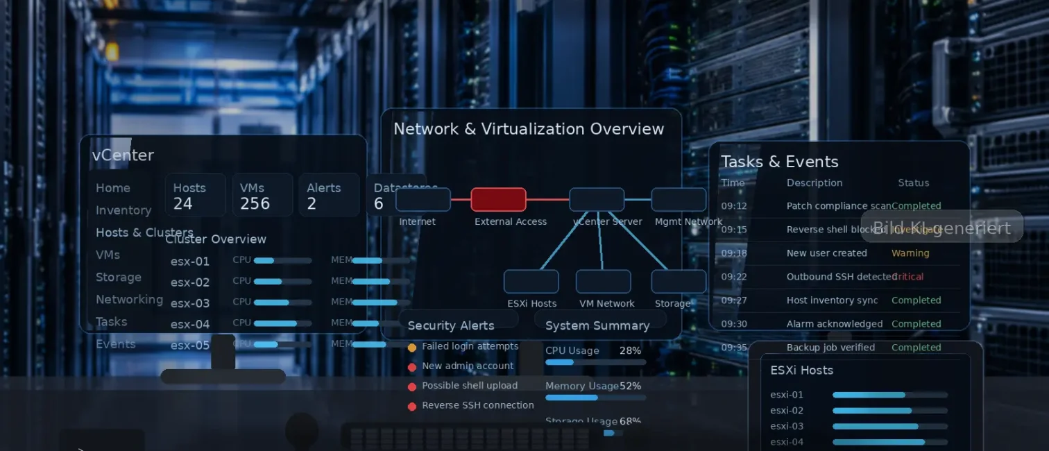 Fotorealistisches vCenter-Monitoring mit Virtualisierungs-Dashboards, ESXi-Hosts und auffälligem externen Zugriff in einem Rechenzentrum.